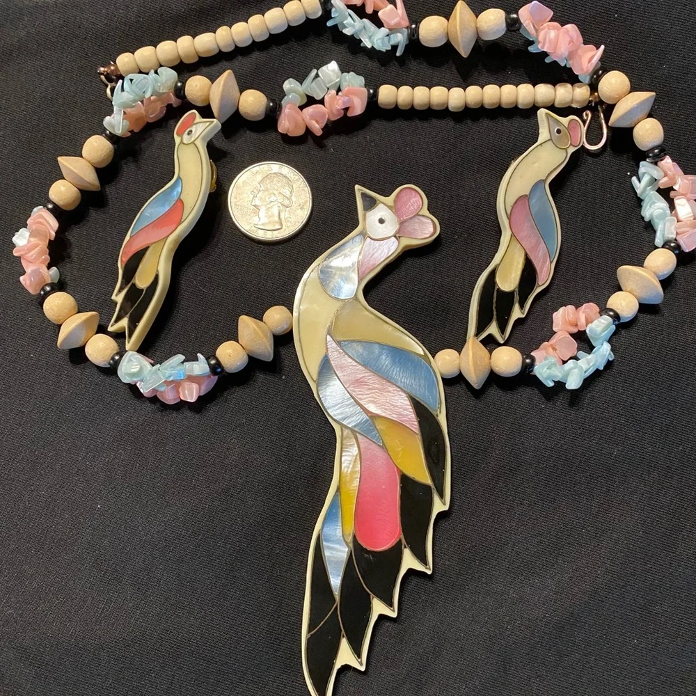 Lee Sands peacock necklace and earrings . Good vintage condition. - Picture 1 of 3